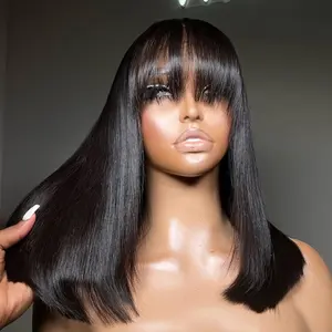 Bob Wig Natural Color Short Straight Bob Human Hair Wigs With Bangs Lace Wig 180% Denisity Glueless For Women Easy To Install