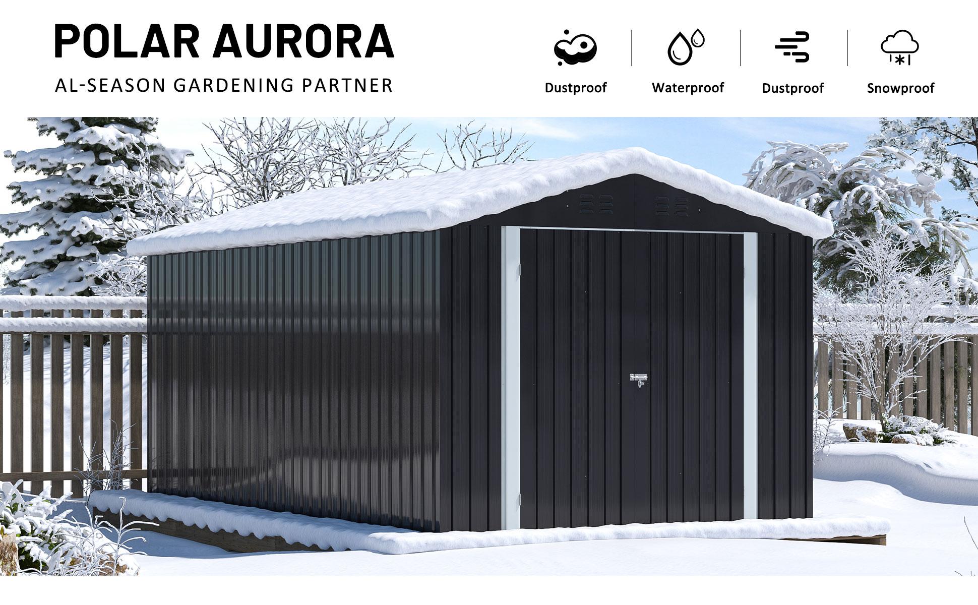 Outdoor Storage Shed - A Weatherproof Metal Utility Shed equipped with a Door and Ramp Access, Perfect for Exterior Applications in Gardens, Backyards, and Patio Areas.