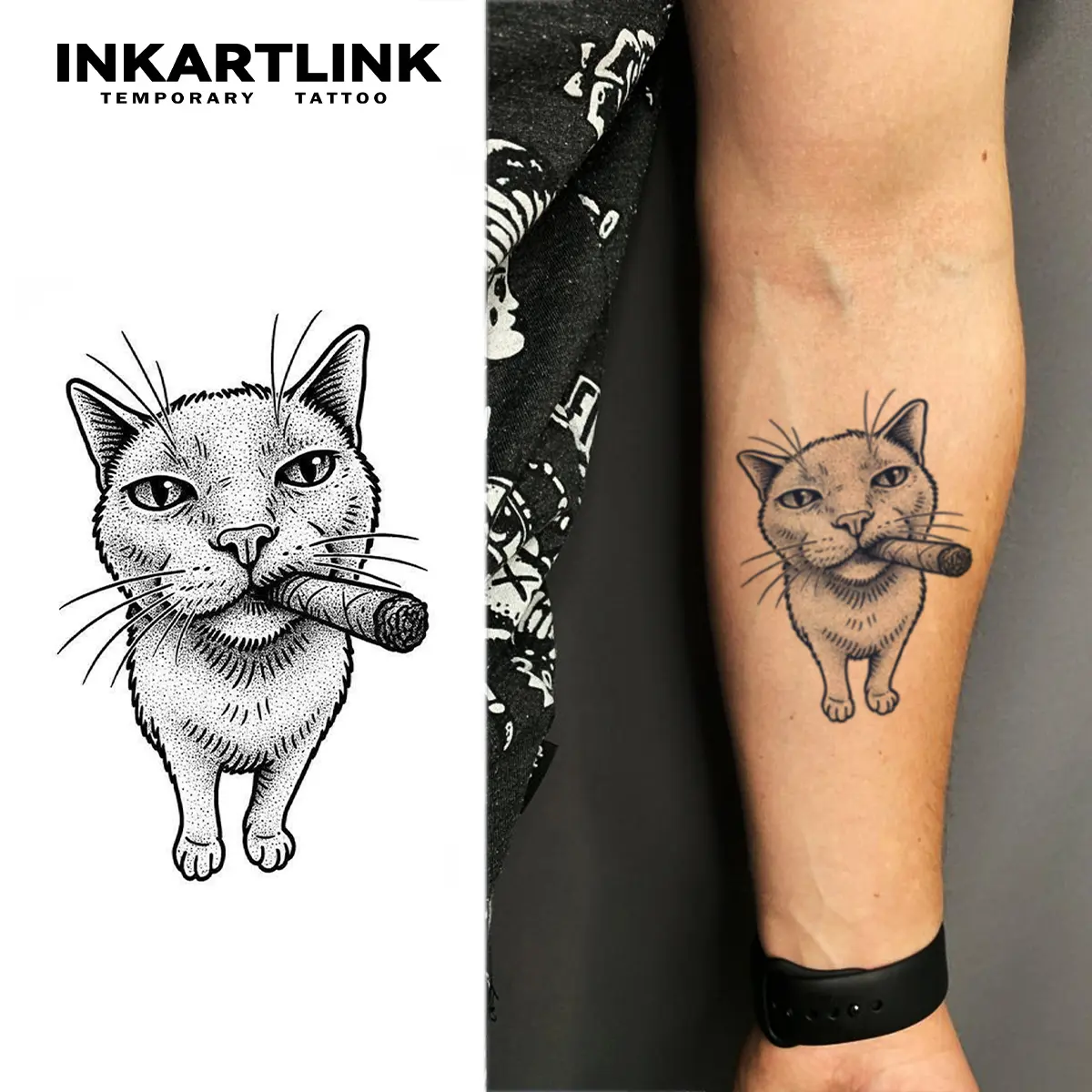 INKARTLINK Realistic Temporary Tattoos, Funny Cigar-Smoking Cat Tattoo Art, 2 Sheets of Body Art Stickers for Adults, Suitable for All Skin Types, Cartoon, Single Item