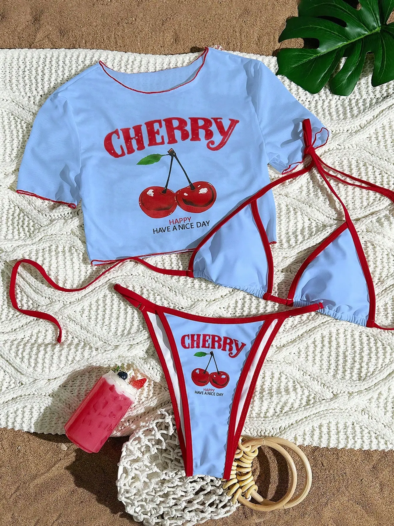 Swim Mod Women's 3 PiecesCherry Letter Print Bikini Set With Shoulder Strap And Thong, Plus Sheer Net Cover Up T-Shirt, Summer Beachwear Outfit For Women