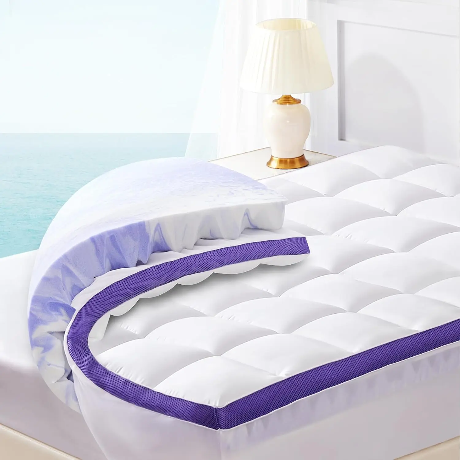 Dual Layer 4 Inch Memory Foam Mattress Topper, 2 Inch Gel Memory Foam and 2 Inch Pillow Top Mattress Pad Cover, 7-Zone Egg Crate & 2-in-1 Design