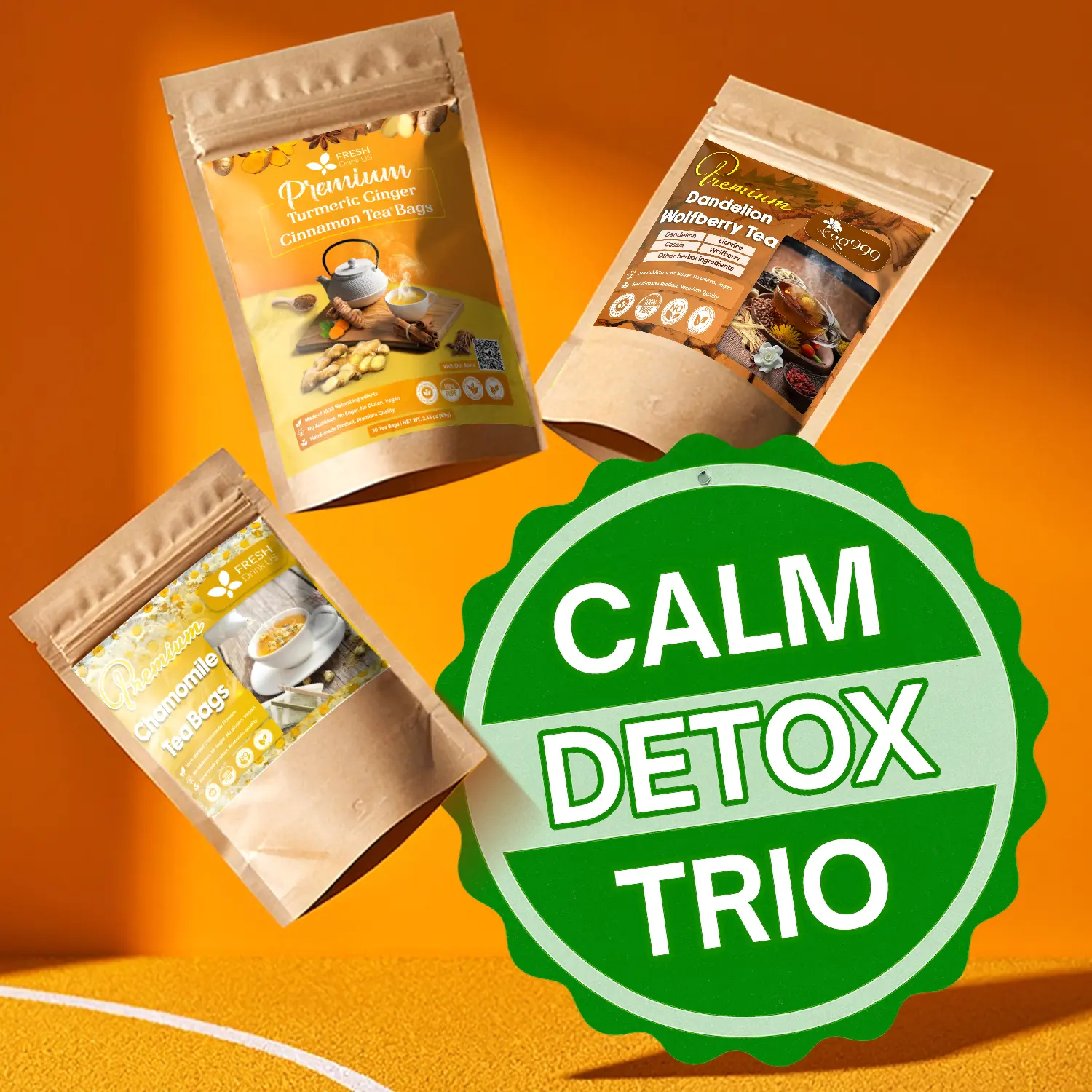 【FreshDrinkUS】 Calm Detox Trio, Chamomile Flower, Turmeric Ginger Cinnamon & Herbal Liver–Kidney Cleanse Tea Bags, 100% Natural Botanical Ingredients, Eco-Conscious Corn Fiber Tea Bags, No Sugar, No Caffeine, No Gluten, Vegan – Herbal Beverage