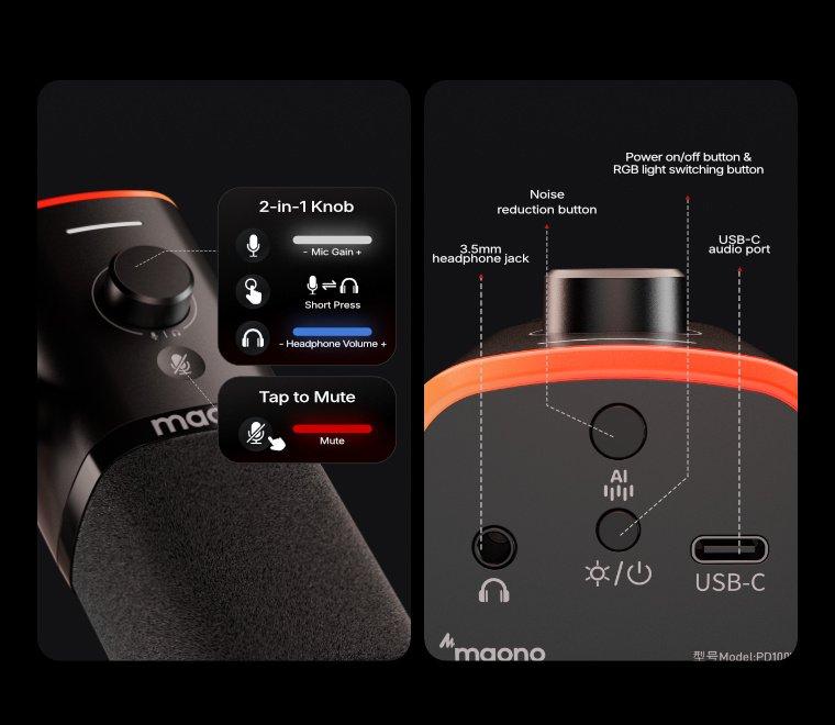 Maono PD100W Wireless & USB gaming microphone for podcast recording, meeting, dynamic RGB mic with quick mute, headphone jack, gain knob, volume control, desktop mic for PC Gamer. widely compatible with PCs, smartphones, laptops, PS4, and PS5. Maono PD100W Wireless & USB gaming microphone for podcast recording, meeting, dynamic RGB mic with quick mute, headphone jack, gain knob, volume control, desktop mic for PC Gamer. widely compatible with PCs, smartphones, laptops, PS4, and PS5.