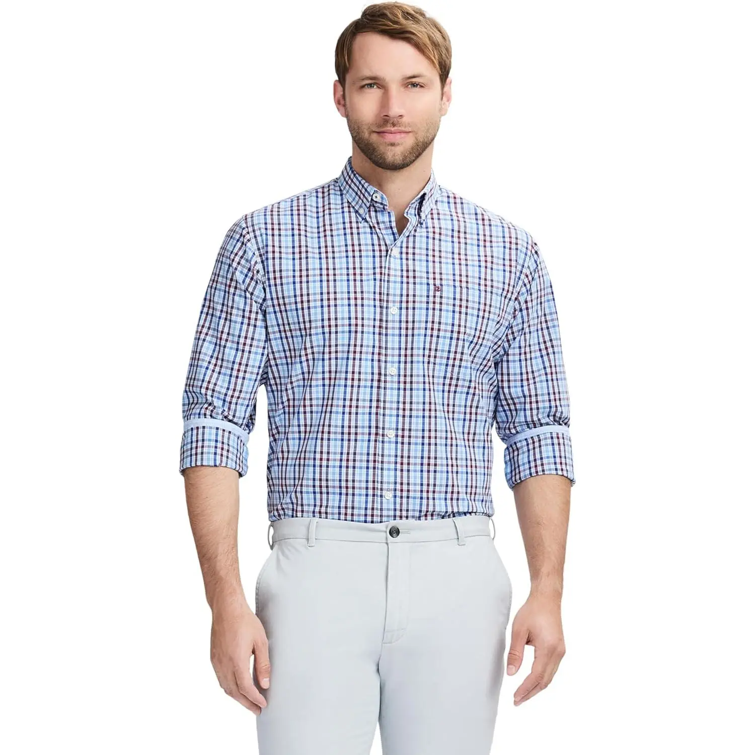 Izod Men's Performance Comfort Long Sleeve Plaid Checked Casual Menswear Shirt with Allure Checker Feature, Collared
