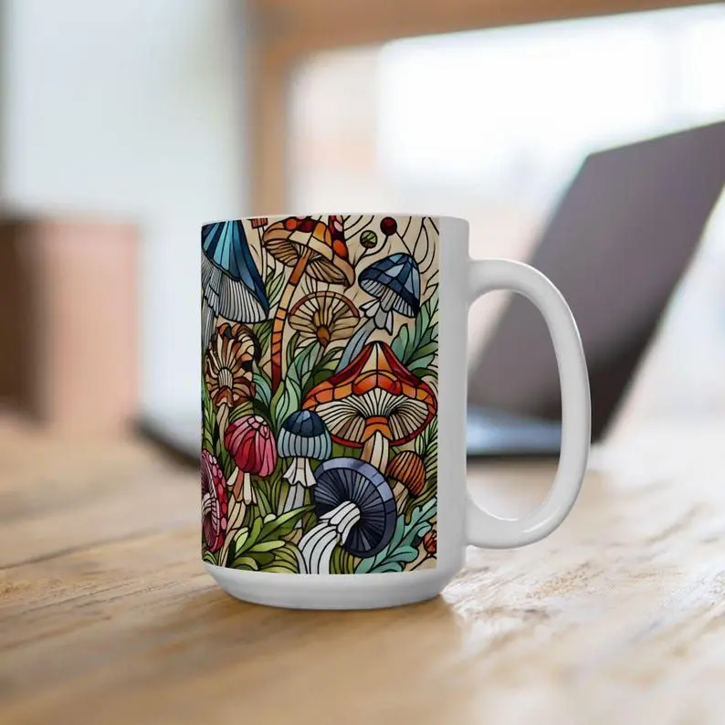 Stained Glass Mushroom Coffee Mug Ceramic Tea Cup, Plant Lover Gift