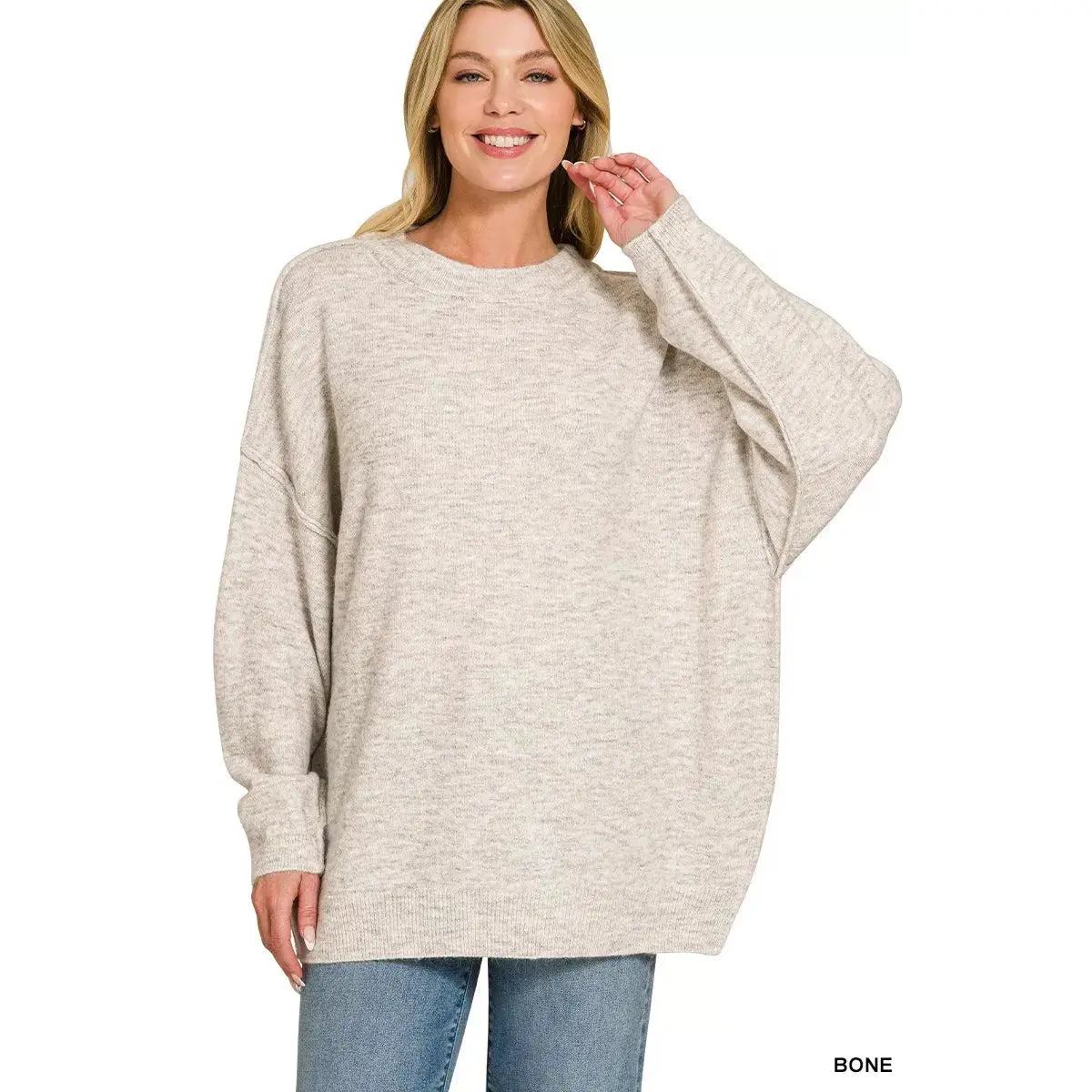 Women's Zenana Oversized Round Neck Knit Sweatshirt - Polyester-Spandex & Acrylic Blend Fabric, Casual Soft Lightweight Stretchy Fit, Exposed Seam Melange Knit, Basic Mixed Tones Knitwear for Jeans & Leggings, Cold Machine Wash, Classic, Exposed Seams, Ev