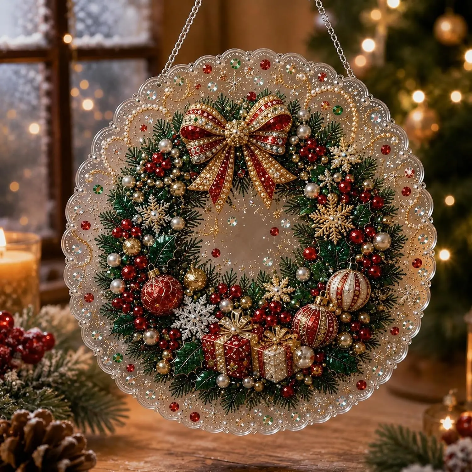 8-Inch Christmas Pearl Diamond Painting Suncatcher DIY Craft Kit, Pre-Assembled Metal Hanging Chain, Lace-Edge Acrylic Round Board, 3D Mixed Pearl Beads Ornament, Window Wall Hanging Decor, Xmas Handmade Gift for Adults