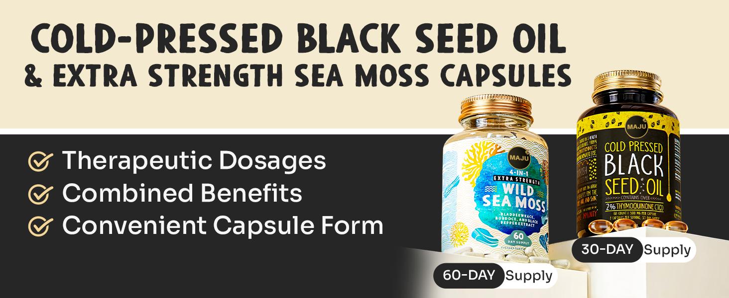 MAJU Seed & Sea Elixir Pack - Black Seed Oil Capsules (60ct) & 4-in-1 Wild Sea Moss Capsules (60ct) Edible Dietary Healthcare Fitness Supplement
