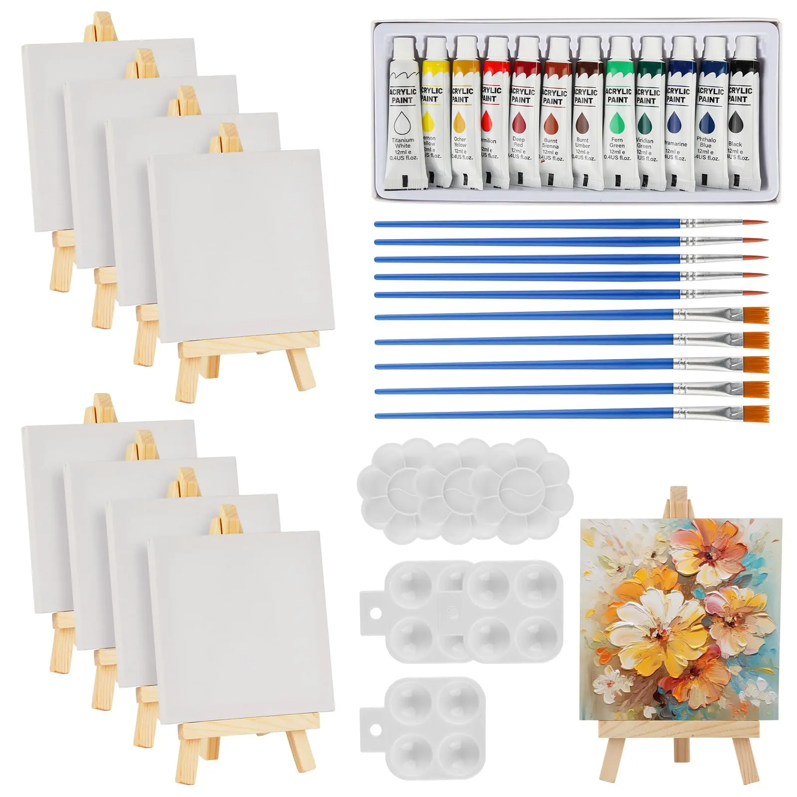 A Set of 44 Pcs Mini Canvas Painting Kit Includes 4x4 Inch Canvases,Paint Brushes,Paint Palette and Acrylic Paint,Wooden Easels with Art Canvases for Beginner and Artists Art Party,DIY Hand Tools Kits