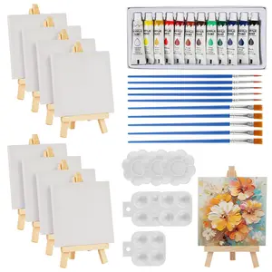 A Set of 44 Pcs Mini Canvas Painting Kit Includes 4x4 Inch Canvases,Paint Brushes,Paint Palette and Acrylic Paint,Wooden Easels with Art Canvases for Beginner and Artists Art Party,DIY Hand Tools Kits