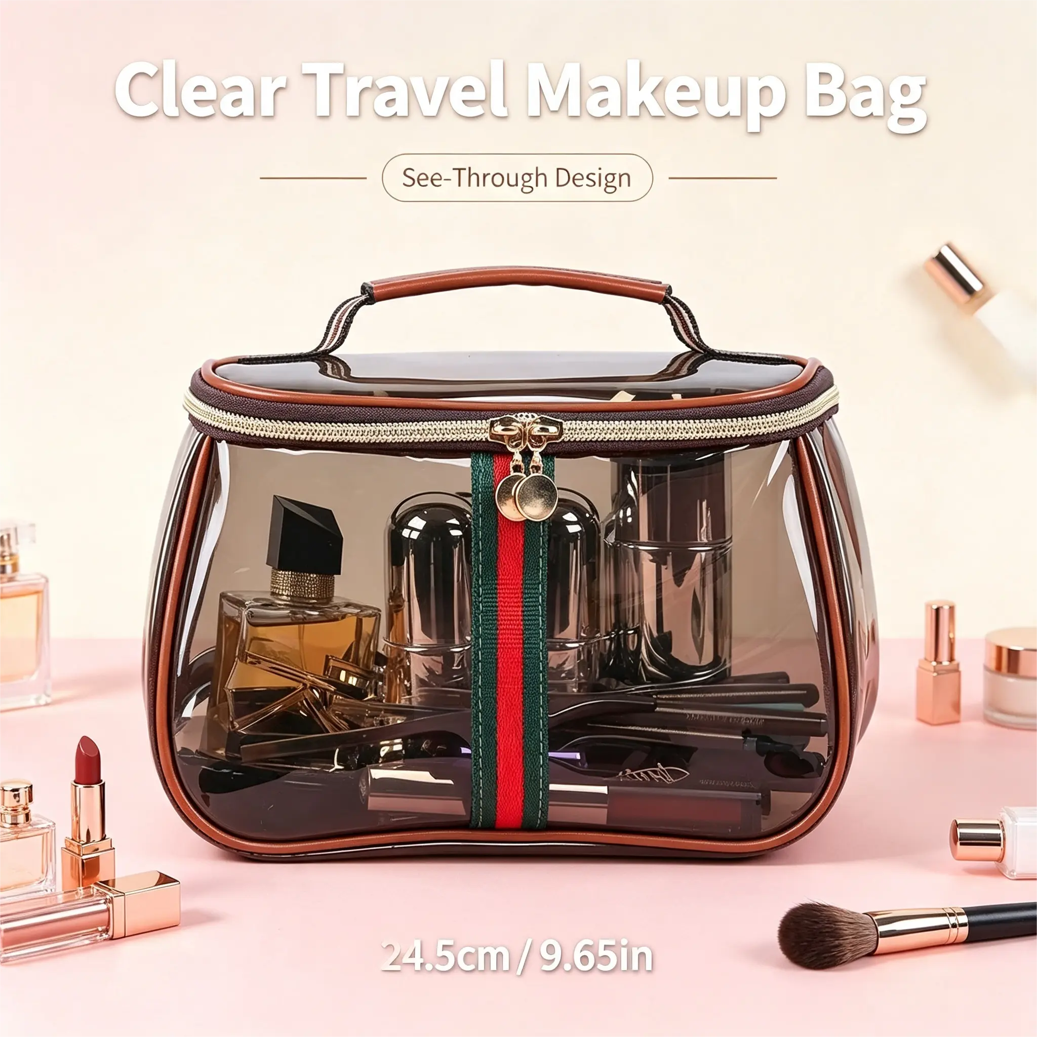 New Retro Vintage Vanity Bag, VintageMakeup Bag, Ladies Large Capacity MakeupOrganizer, Waterproof Transparent withZipper Toiletry Bag, women Ladies TravelStorage Case (Transparent brown)