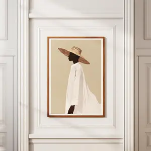 Boho Wall Art Print – Minimalist Afrocentric Poster, Straw Hat Neutral Fashion Aesthetic, Ethnic Modern Bohemian Decor, Room Decor, Unframed