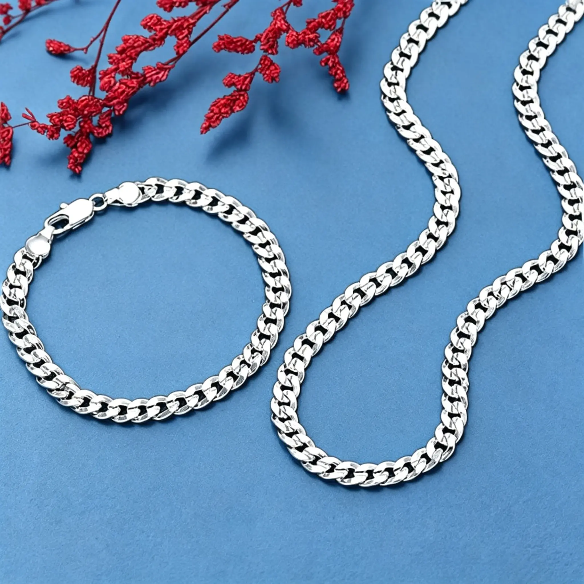 925 Silver Plated Cuban Chain Necklace and Bracelet Set - Hypoallergenic 2-Piece Jewelry Set with Anti-Tarnish Coating, Lightweight Durable for Daily Wear, Perfect Birthday Anniversary Gift for Him Her