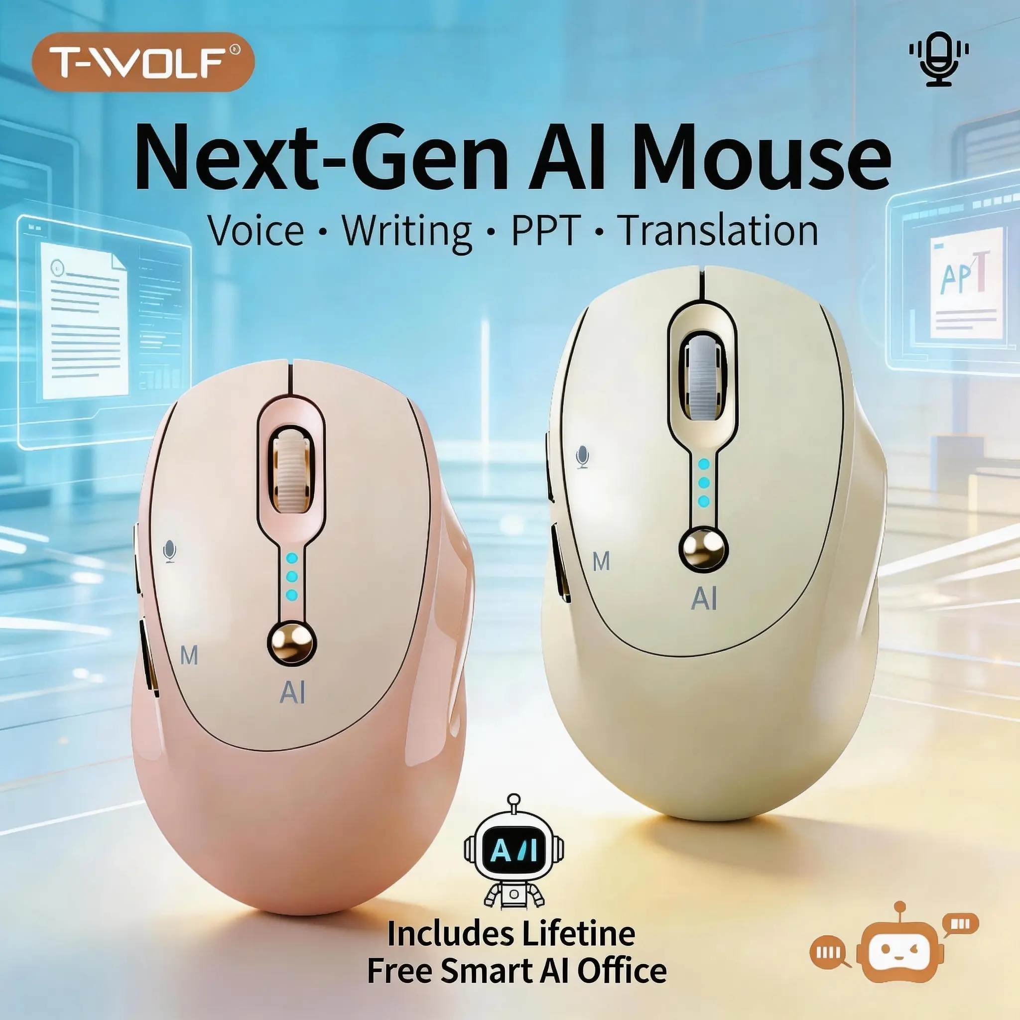T-WOLF M7 Series Silent Clicks Wireless Mouse - Silent BT+2.4G Dual Mode, Battery Display, Lifetime Free Smart Office Tools, Voice-to-Text & Voice Translation, AI Writing & PPT Creation, Portable for PC/Laptop/Tablet, Ideal for Office Users & Travel