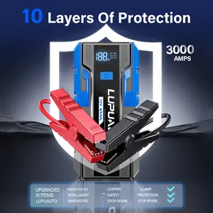 LUPU AUTO Car Jump Starter Portable Battery Pack with Smart Jumper Clamps, LED Flashlight, Dual USB Output, Emergency Power Supply for Dead Car Battery