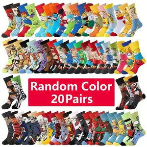 20 Pairs Of Men's Trendy Cartoon Anime Pattern Crew Socks, Breathable Comfy Casual Socks for Men's Outdoor Wearing All Seasons Wearing Fabric Menswear
