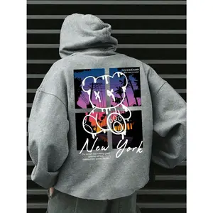 Manfinity EMRG Men Casual Loose Fit Cartoon Graphic Print Long Sleeve Graphic Hoodies, Street Wear Grey Y2k Hoodie, New York Sunset Bear Hoodie, Fall