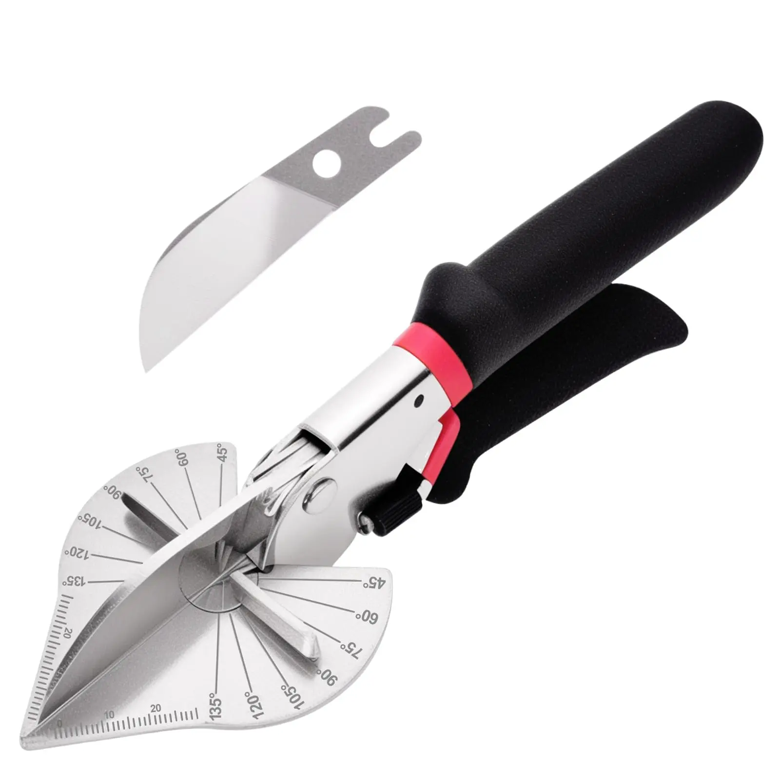 Miter Shears with Comfortable Grip, Aluminum Alloy Multi-Angle Hand Tool for Moulding, Trim, Quarter Round Cutting – 45-135 Degree Adjustable Design for Soft Wood, Plastic, PVC, Includes 1pc Extra Blade