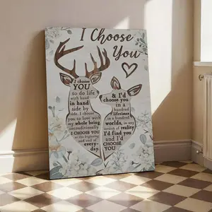 Couple deer pattern canvas poster wall art, "I Choose You" Valentine's Day gift for your significant other/husband/wife, high-quality solid wood grain frame, waterproof and moisture-proof design, suitable for living room, bedroom, and office decoration.