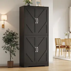 70" Tall Farmhouse Kitchen Pantry Cabinet – Freestanding Wooden Storage Cupboard with 4 Doors, Adjustable Shelves – Dining Room or Living Room Organizer
