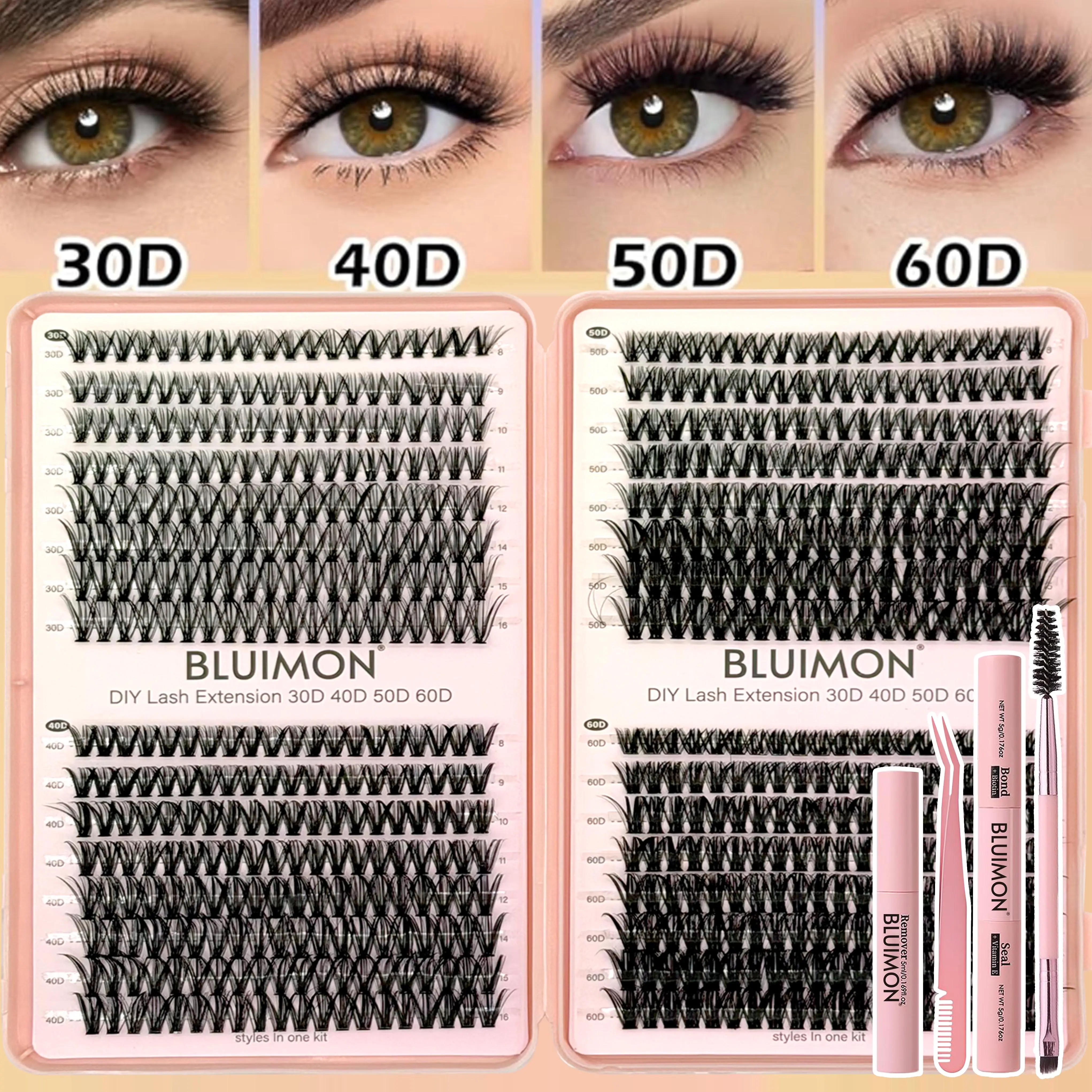 Lash Clusters Kit, 640 Pcs Eyelashes Clusters Extensions Kit 8-16mm Individual Lashes D Curl Fluffy Wispy False Eyelashes Thin Band with Bond Seal Tweezers Brush DIY  Natural Look Short Cat Eye Eyelashes Set (30D+40D+50D+60D Kit )