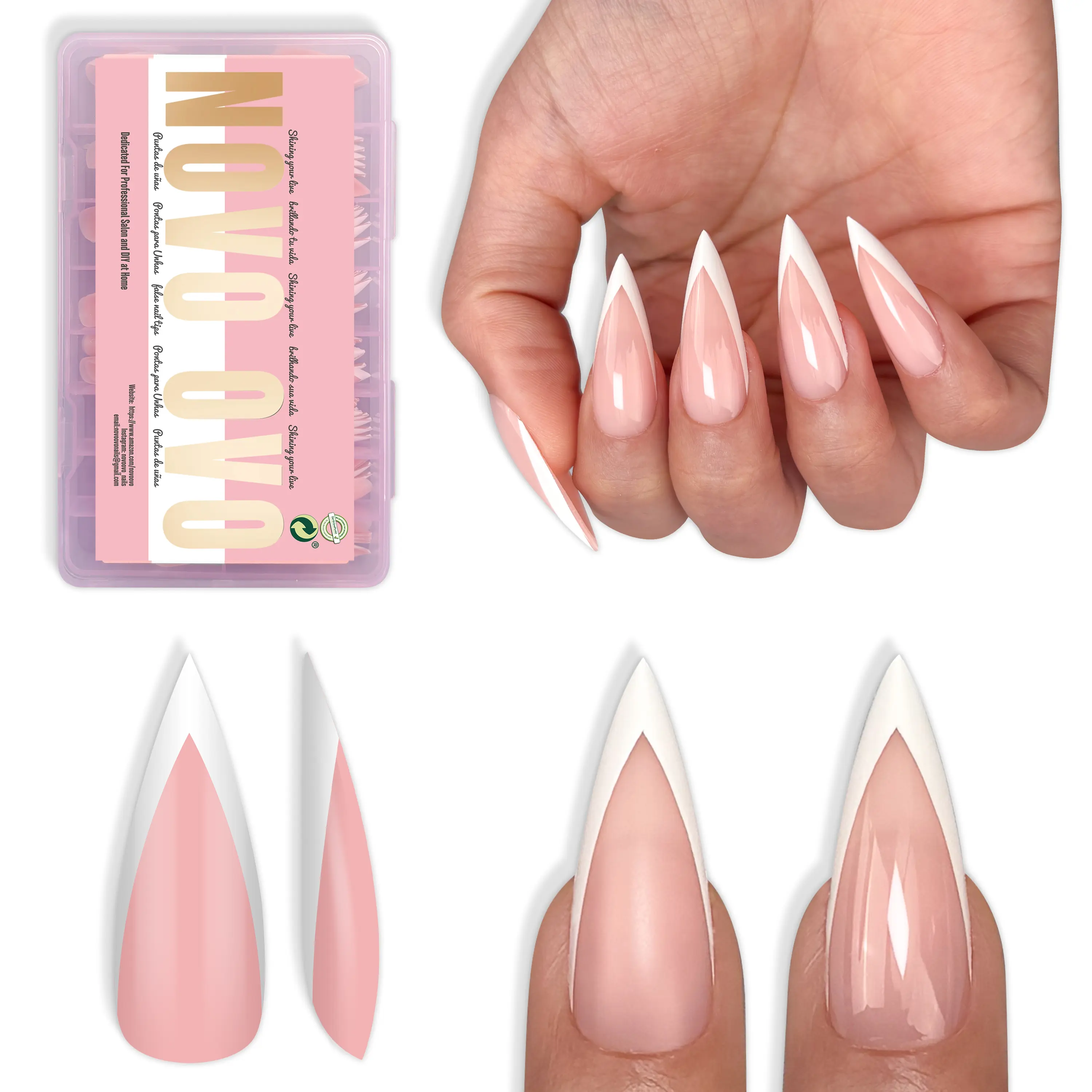 NOVO OVO Soft Gel Press-On Nails, White V-Shape French Tip Sharp Stiletto Medium Long Full Cover Fake Nails (Baby Pink, 16 Sizes, 10 Tips per Size, 160 Pcs Multi-Pack) for Salon DIY – No Glue, No Top Coat, No Light, Nails Press On