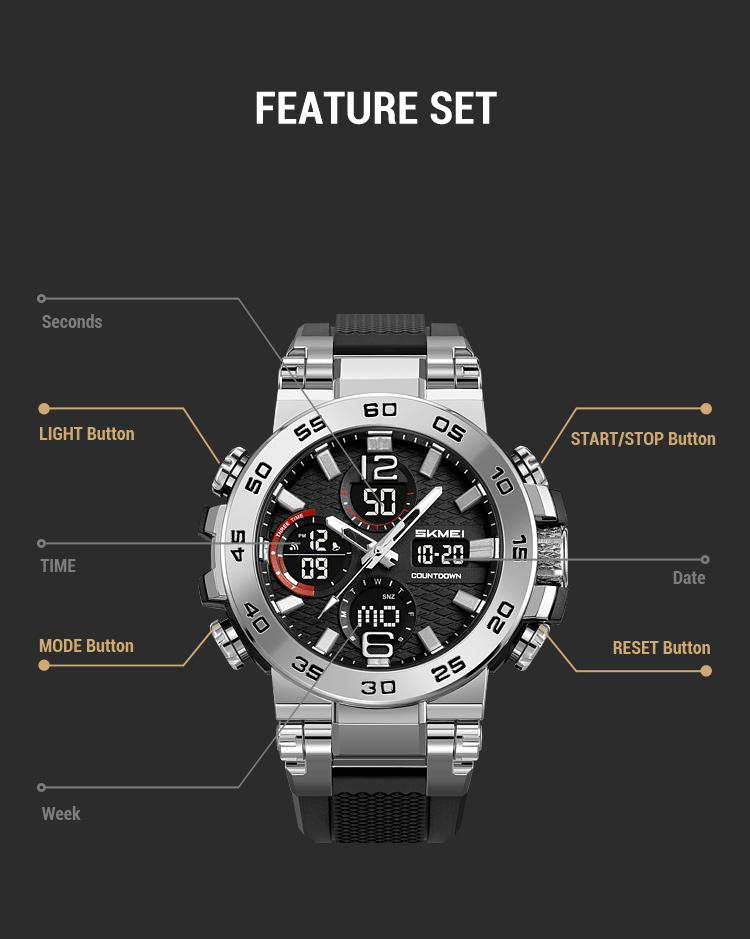 SKMEI Sport Digital Watch for Men Large Dial Outdoor Style Waterproof 50M Analog Digital Multifunction Wristwatch LED Chronograph