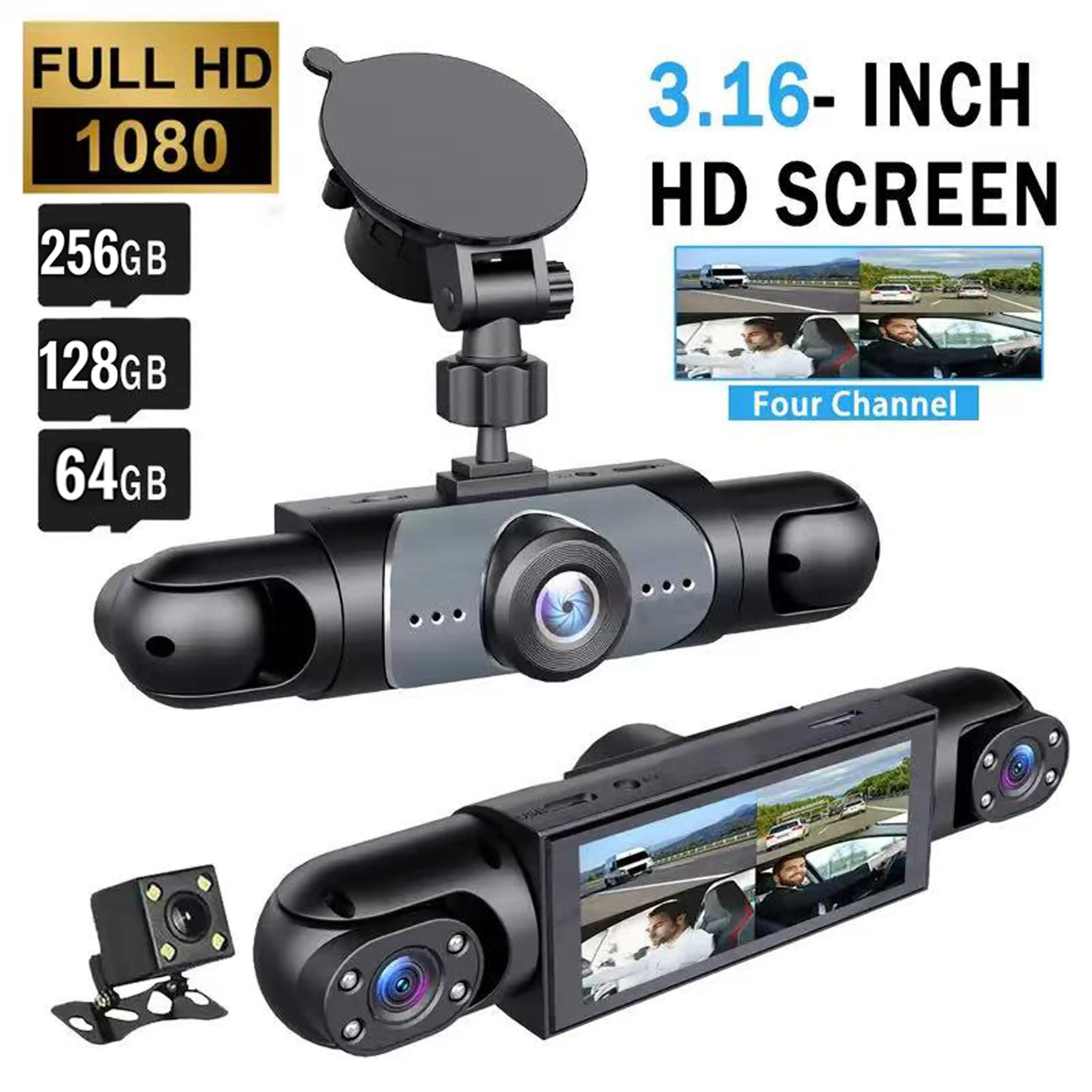 4 Channel Car Dash Cam 1080P HD DVR with 256GB Memory Card Night Vision Parking Mode 3.16" Screen Front Rear Left Right Cameras Dashcam  Plug and Play,(Not wireless)   Requires charging to use