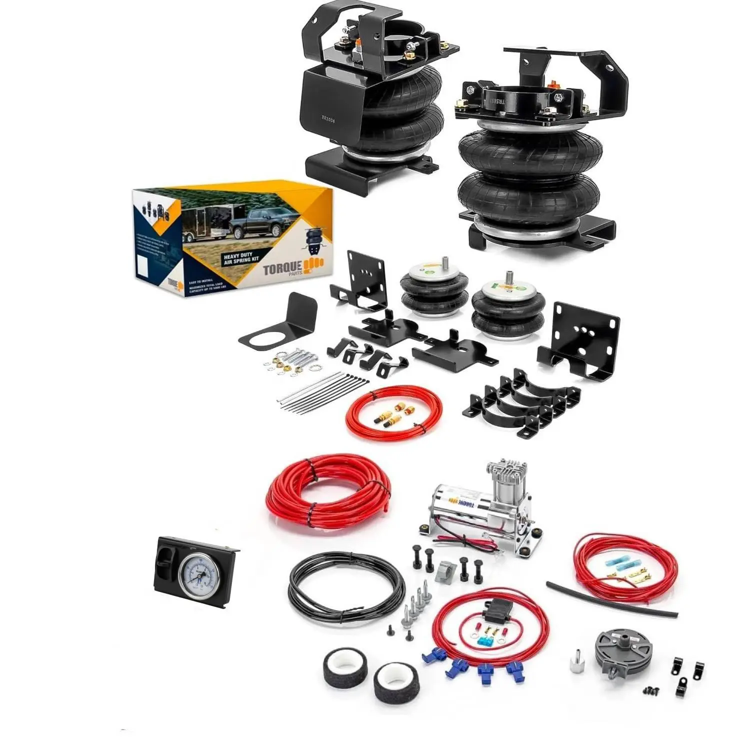 TORQUE Air Bag Suspension Kit with Internal Jounce Bumper and Onboard Air Compressor Kit for 2011-2025 Chevrolet Chevy Silverado 2500 3500 HD and GMC Sierra 2500 3500 HD 2500HD 3500HD 7500 lbs