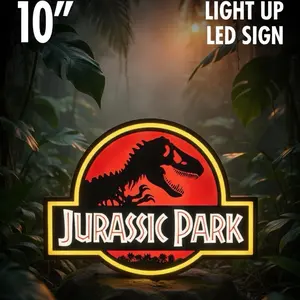 Jurassic Park Light Up Wall Sign - Red and Black Design with Dinosaur Illustration and Text Home Decor Lighting Atmosphere Lamp