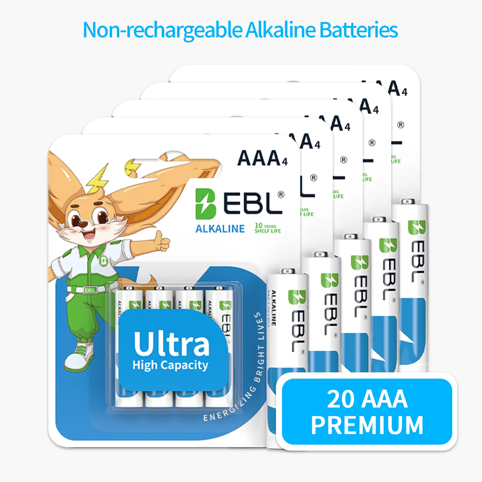 EBL 20-Count AAA Non-Rechargeable Alkaline Batteries - Eco-Friendly, Anti-Leak, Safe & Eco-Friendly, Long-Lasting Power for Remote, Toy, 10-Year Shelf Life