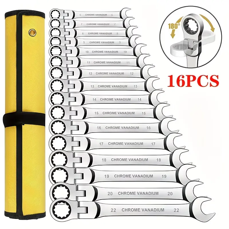 【sohochic】Nanwei 16pcs Ratchet Dual Adjustable Wrench Set, Ratchet Wrench Set, Metric, 6-22mm, 72-tooth Ratchet, Cr-V Steel, with Rolling Storage Bag, Convenient to Carry, Suitable for Home/Auto/Mechanical Use, Daily Use, A Good Gift Choice.