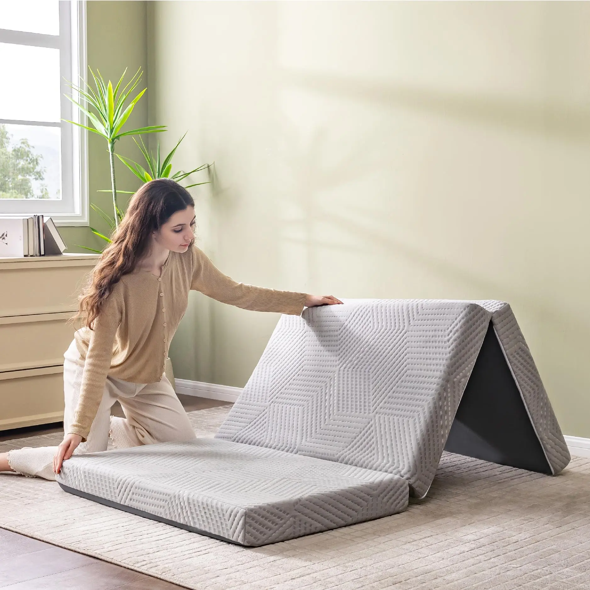 CH CHARME HOUSE Folding Mattress, 4 Inch Twin XL Tri Folding Memory Foam Mattress for Camping Guest Bed, Washable Cover & Non-Slip Bottom, 80" x 38" x 4", Grey