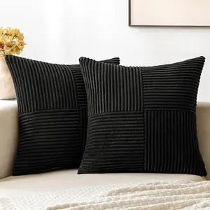 2 Pack 18x18 Inch Black Throw Pillow Covers, Boho Farmhouse Textured Corduroy Patchwork Cushion Covers for Couch, Sofa, Bed & Living Room Decor
