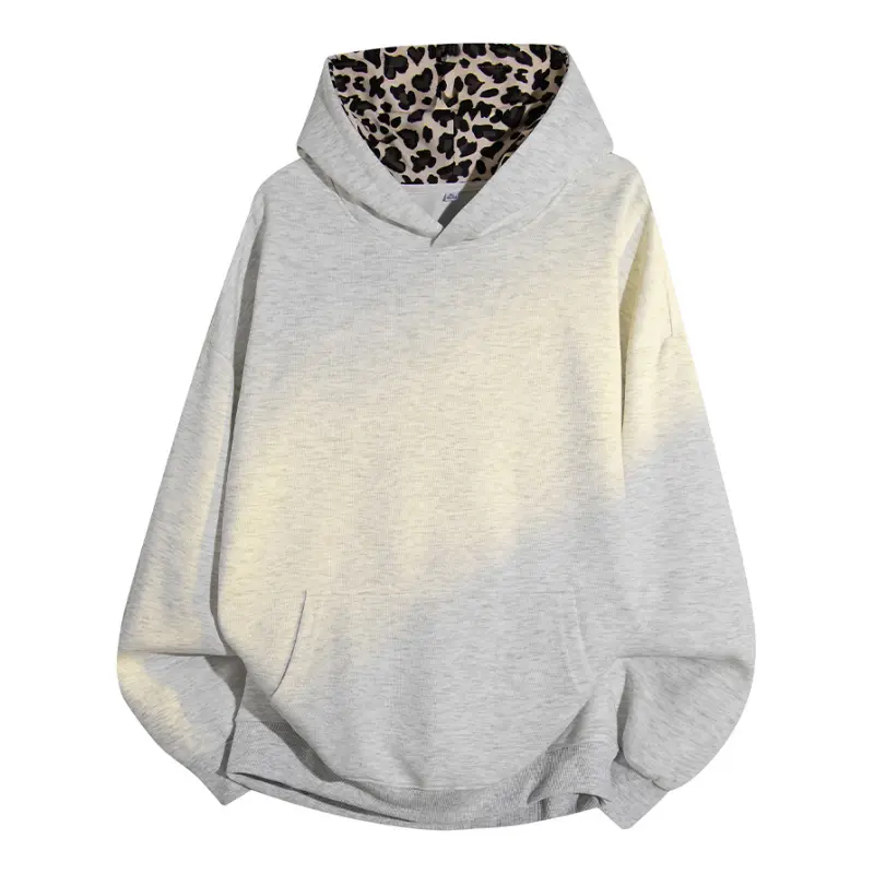 Men's Heather Grey Long Sleeve Pullover Hooded Sweatshirt - Menswear, Unique Leopard Print Lined Hood, Front Kangaroo Pocket, Soft Thick Fleece Fabric Casual Top Ideal For Daily Street Commute, Spring Autumn Outdoor Leisure