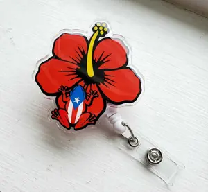 Flor de maga con coqui badge reel Puerto Rico ID holder