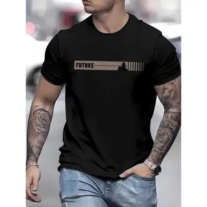 MEN'S casual crew neck T-shirt with "future" print, short sleeve, knit fabric, 95%25 polyester 5%25 spandex, slight stretch, regular fit, summer top-Black