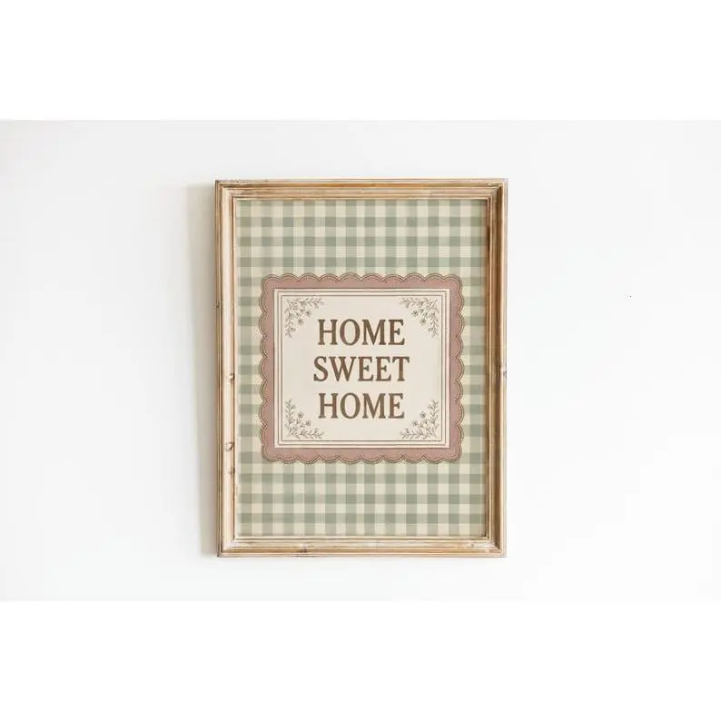 Home Sweet Home Wall Art Print Cottagecore Kitchen Decor, Green Gingham Farmhouse Print