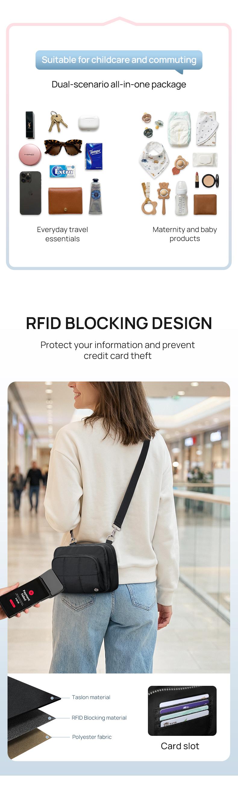 Telena 3-Zip RFID Blocking Fashion Multi-Compartment Puffer Bag Women's Crossbody Bag  Machine Washable Waterproof and Abrasion-Resistant Mom's travel bag,Travel crossbody bag Sports and outdoor crossbody bag