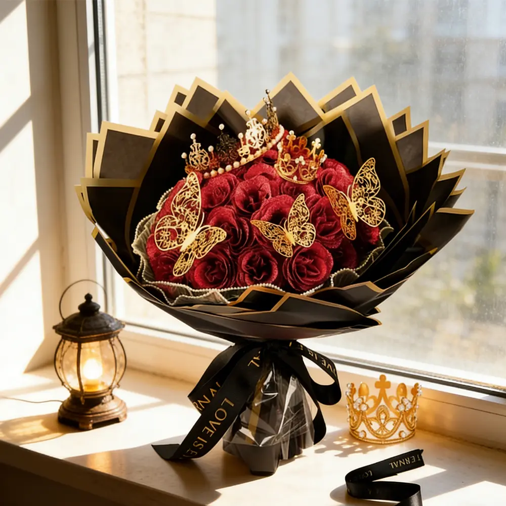 2026 Mother's Day DIY Glitter Artificial Decorative Flowers Bouquet Set (24/36 Pcs) with 3D Butterflies, Crowns & Ribbons - DIY Flower Decor Gift for Women for Mother's Day, Birthday, Wedding