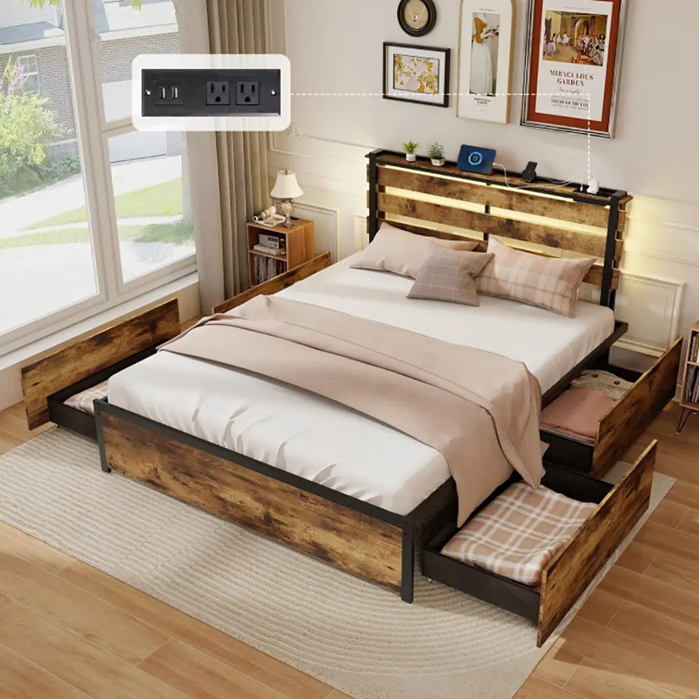 Spaco Queen Bed Frame with Alley Headboard, Metal Platform Bed Frame with 4 Storage Drawers, Built in Charging Station & LED, Noise-Free/Metal Support/No Box Spring Needed, Vintage Brown