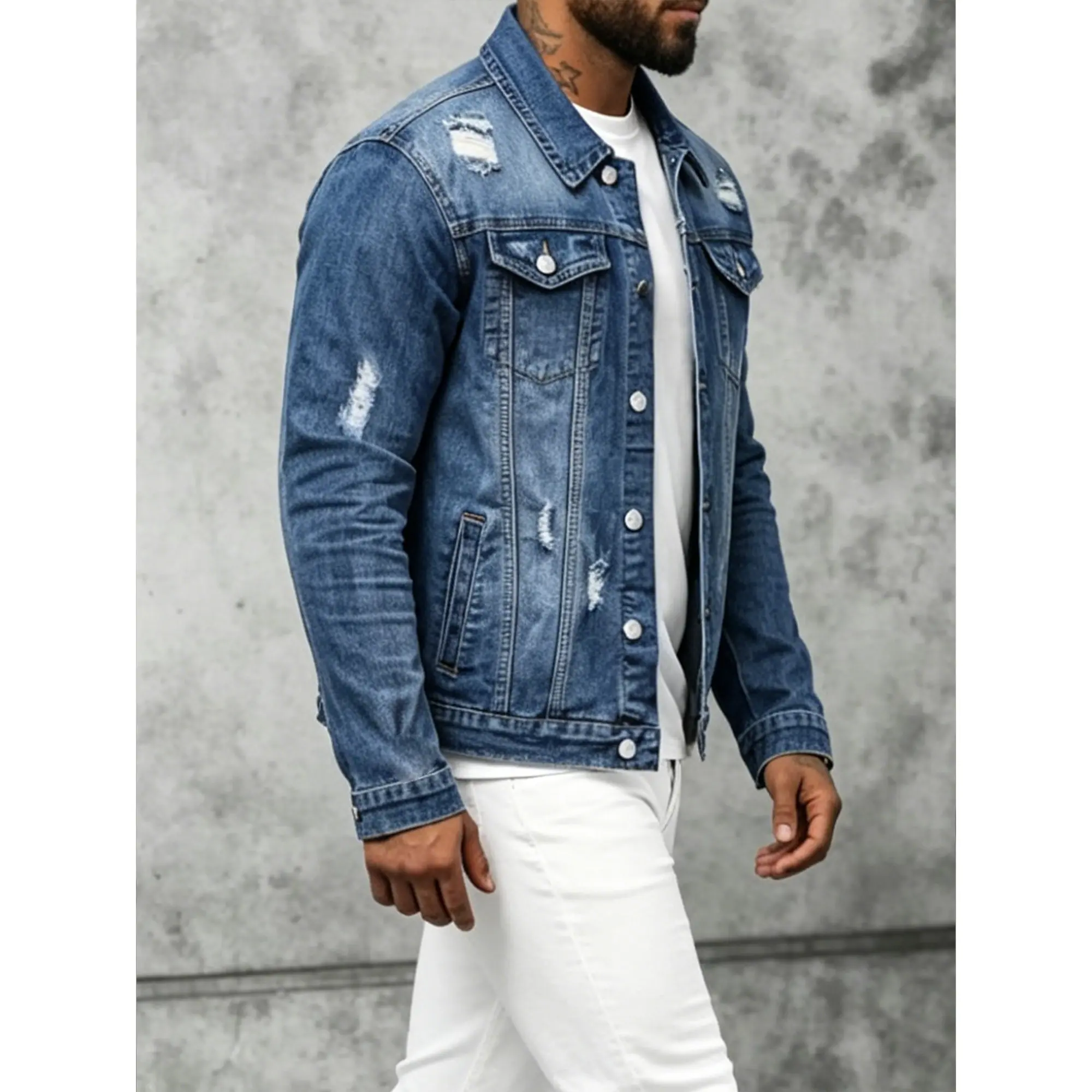 Men's Vintage Distressed Denim Jacket - 100% Cotton Button-Up Trucker Coat, Washed Blue Streetwear Outerwear, Sizes S–2XL. #Streetwear #DenimJacket #VintageStyle #TikTokMadeMeBuyIt Aesthetic Basic