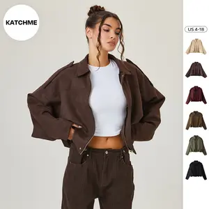 KatchMe Women's Winter Vintage Solid Color Collared Zipper Long Sleeve Jacket, Cozy Oversized Outerwear for Lady, Cropped Casual Womenswear