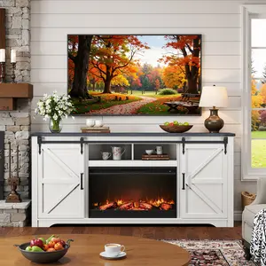 LINGMU Rustic Farmhouse Fireplace TV Stand for 65+ Inch TV, Entertainment Center with 30" Electric Fireplace with Remote, 70" Modern Rustic TV Console with Sliding Bar Door for Living Room, white