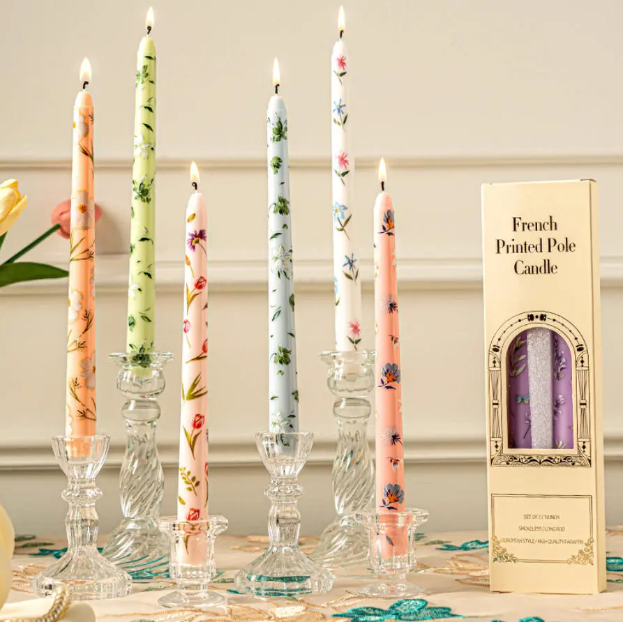 2Pcs 10 Inch Floral Taper Candles, Handmade Dripless Smokeless Pastel Colored Candlesticks, Unique Long Tapered Candle Sticks for Spring Party Wedding Home Decor