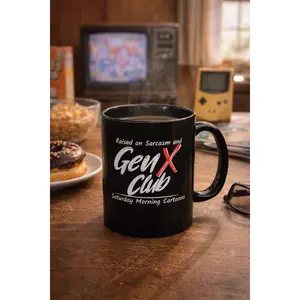 11oz Retro Gen X Club Logo Printed Ceramic Coffee Mug - Glossy, Reusable, Washable Drinkware for Sarcasm Fans, Saturday Morning Cartoons Enthusiasts