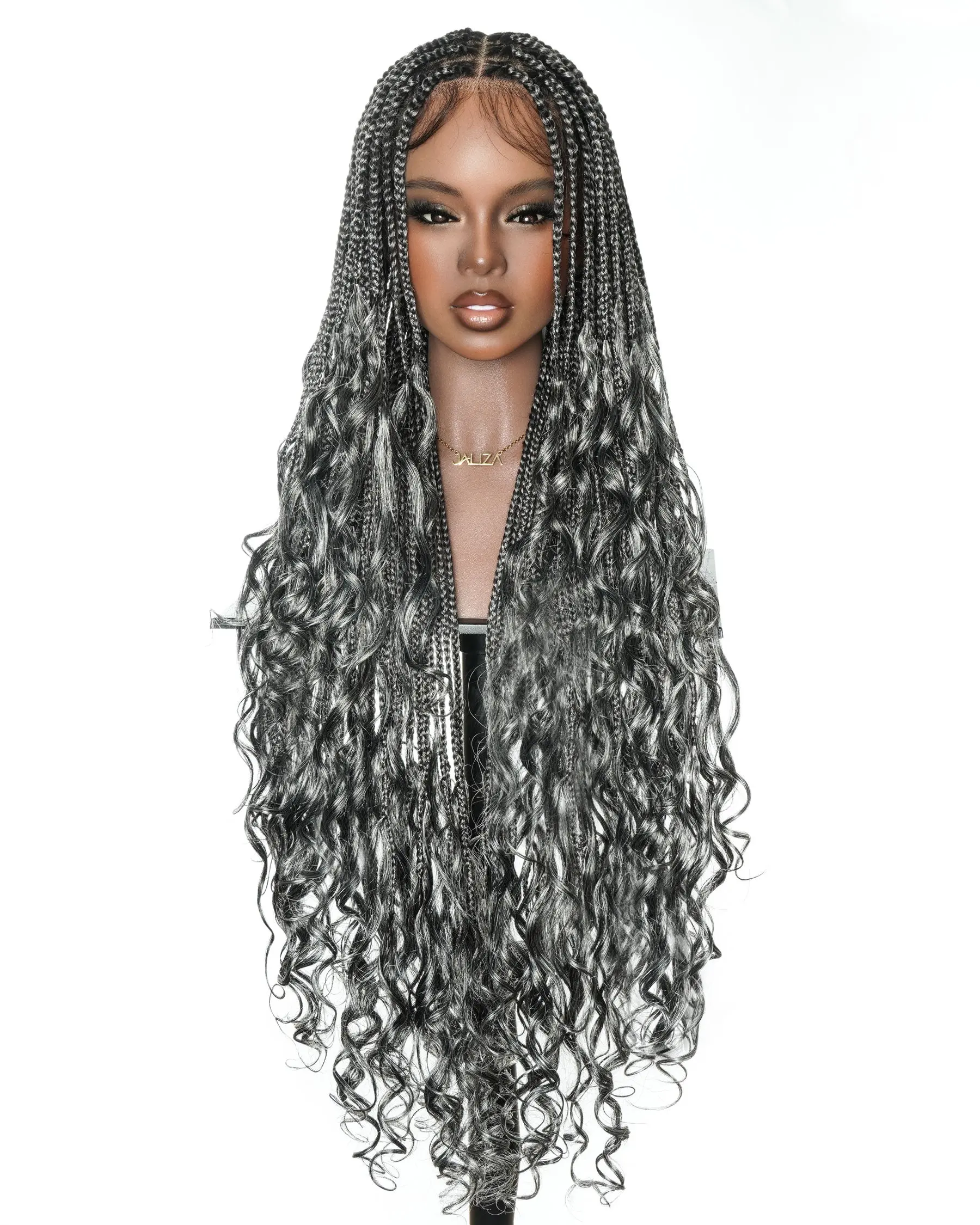 JALIZA 36" Luxury Human Hair Full Lace Wig, Salt & Pepper Blend French Curls, Pre-Bleached Swiss HD Glueless Knotless Boho Style Wig, Boho Style Wigs, Glueless Wear Wig Boho Curly Wigs Lace Front Wig