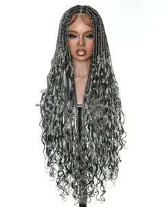 JALIZA 36" Salt & Pepper Blend Human Hair French Curls Pre Bleached Swiss HD Full Lace Glueless Knotless Boho Box Braided Wig