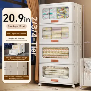 MiAoLi  4Tier Stackable Plastic Storage Cabinet System - Large-Capacity Storage Boxes with Doors and Casters, Space-Saving Folding Home Organization Solution for Bedrooms, Living Rooms, and Kitchens, Easy Assembly