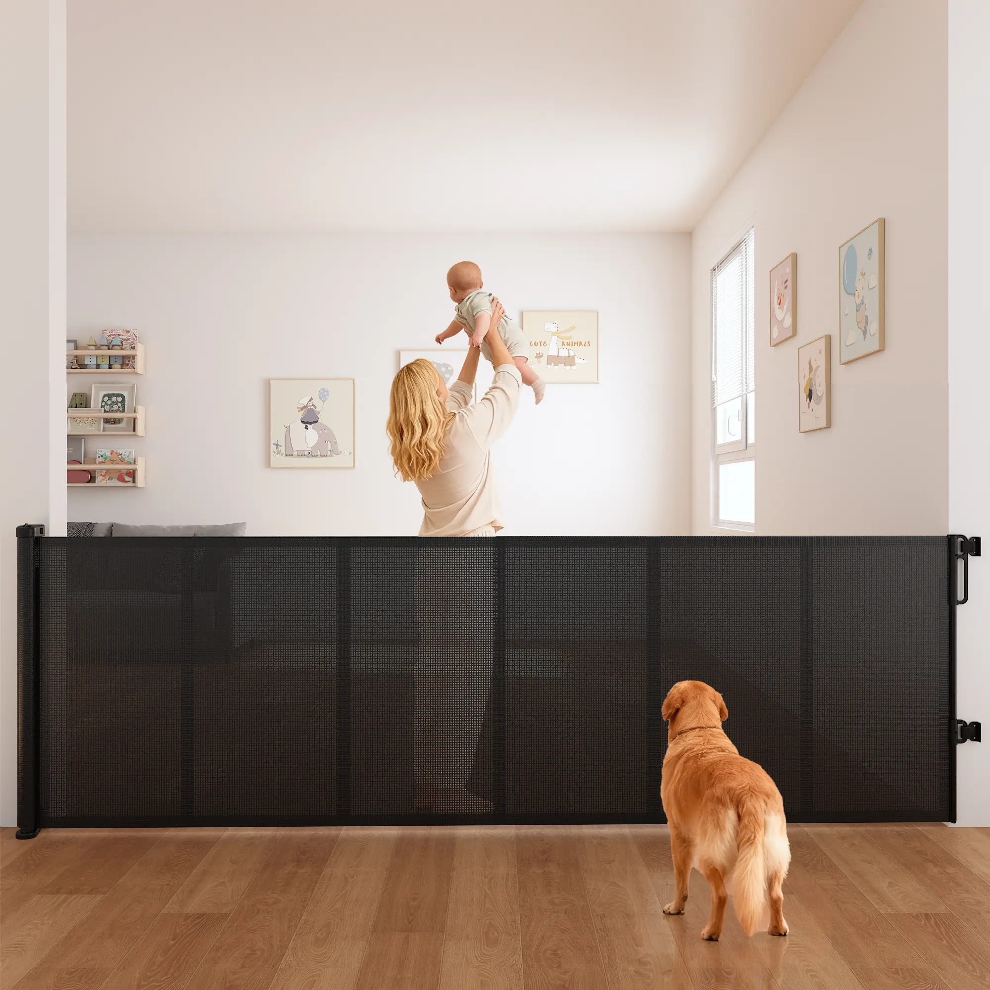 Retractable baby gate , equipped with reinforced strips and pet safety net door, is designed to prevent crawling dogs from entering the passageway. It does not require drilling and is suitable for indoor and outdoor use.